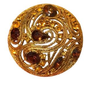 Rare Vintage La Roco Domed Brooch Filigree Citrine topaz Austrian Crystals 1950s